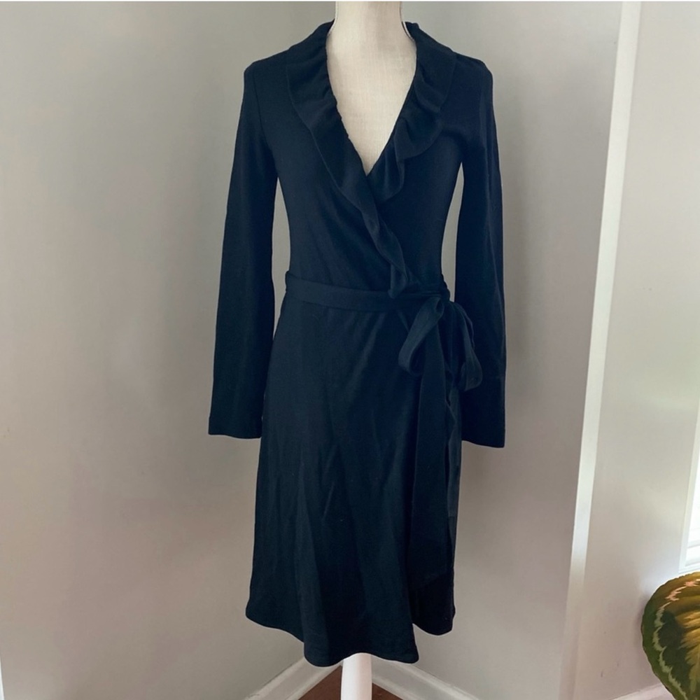 EUC Vintage Milly Black Wool Blend Knit Ruffle Wrap Dress